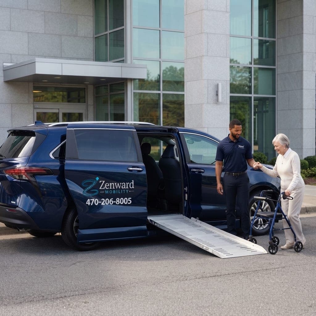 A Zenward Mobility staff member helping an older passenger with a rollator toward the deployed side ramp of a Zenward Mobility van outside a medical building