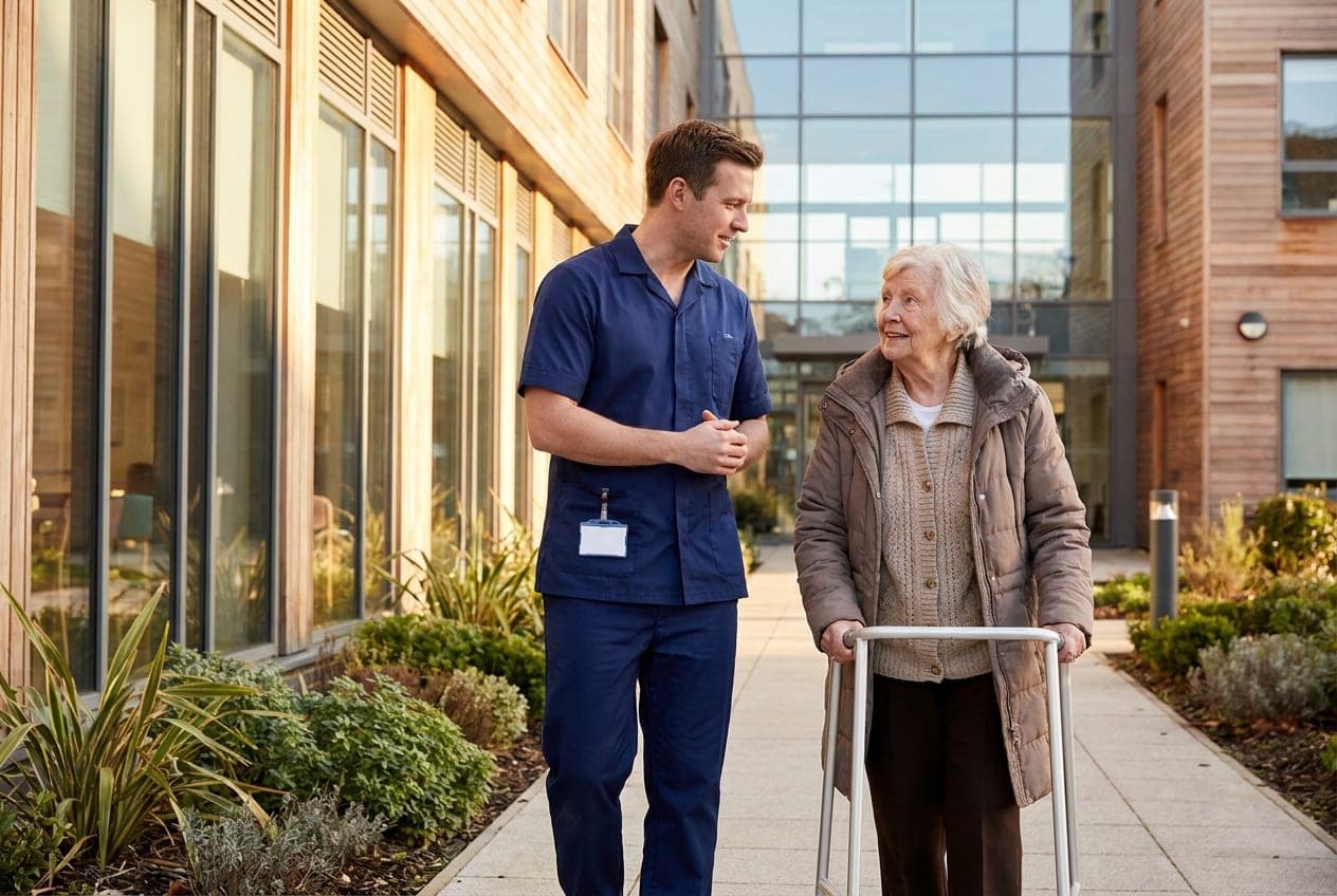 A Zenward Mobility staff member walking beside an older passenger who is using a walker on a path outside a care residence
