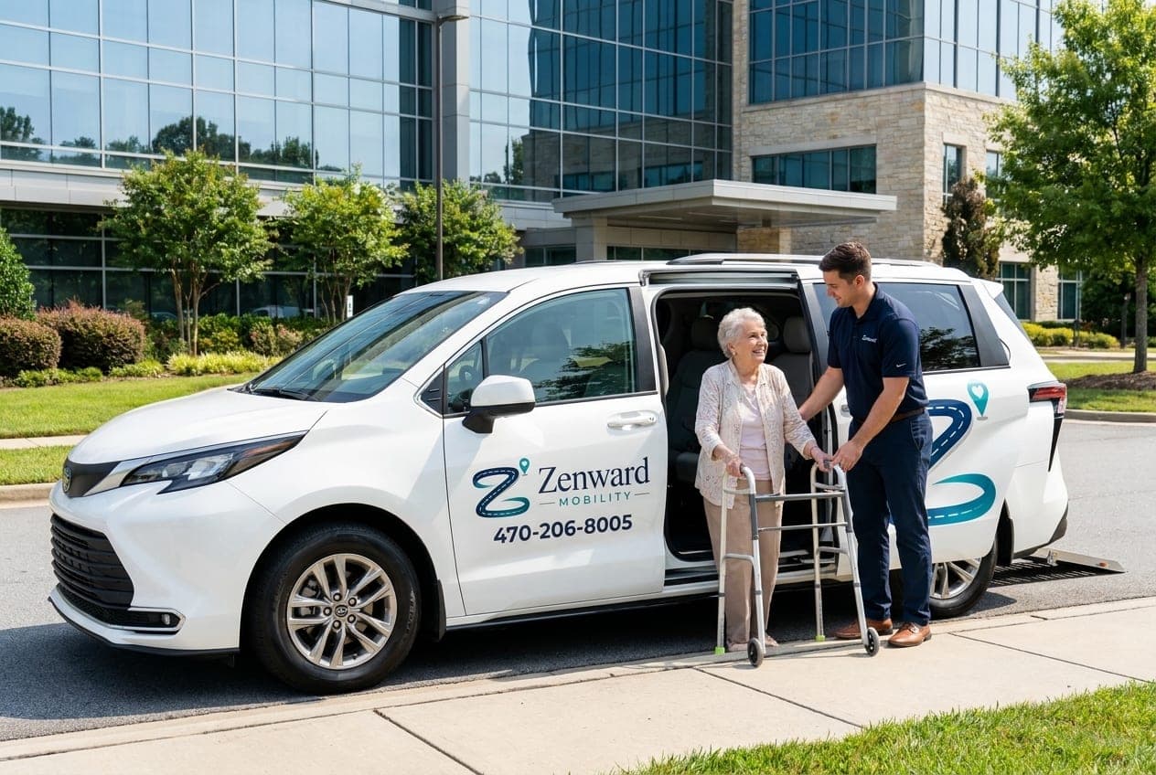 A Zenward Mobility staff member assisting an older passenger using a walker beside a Zenward Mobility van outside an office building